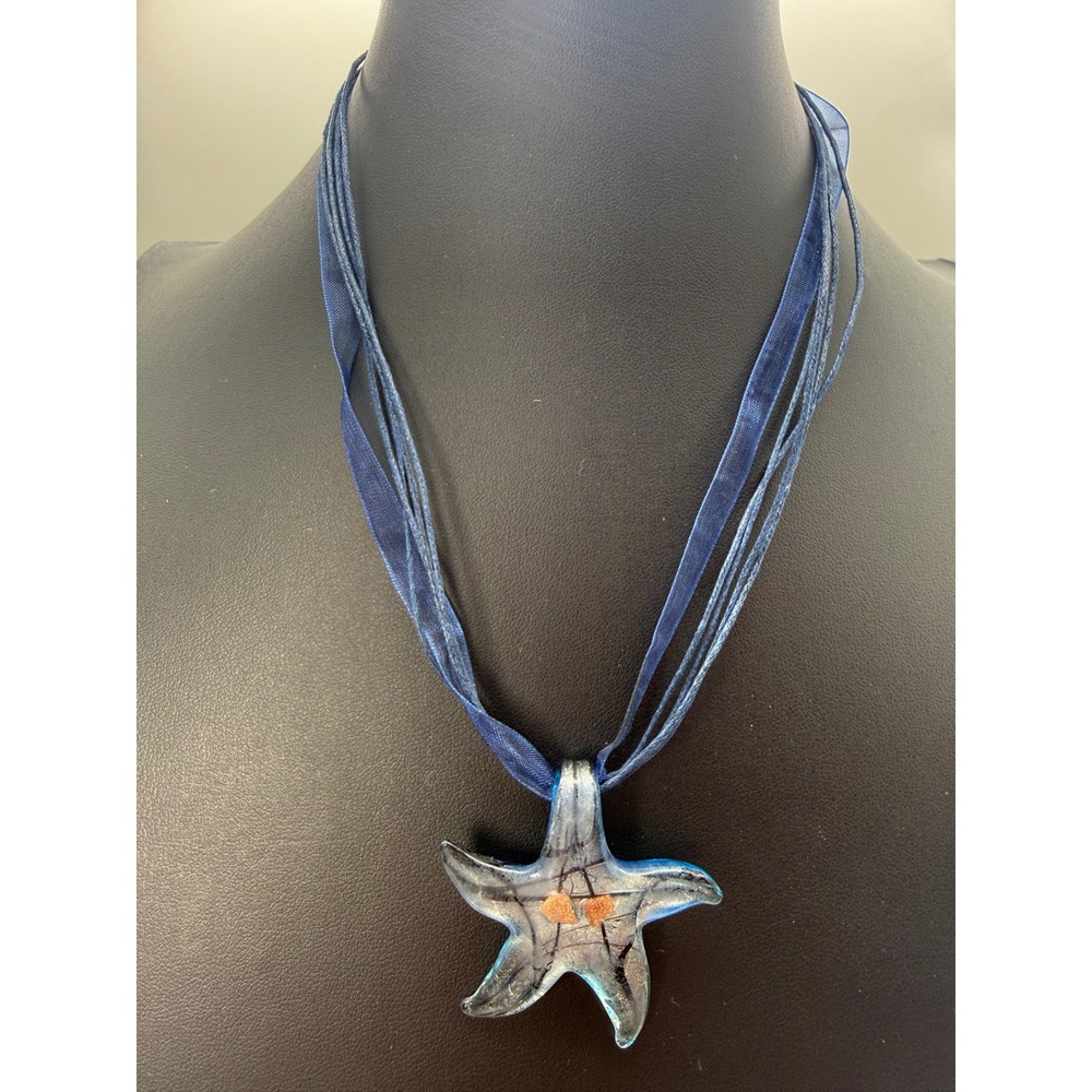 Blue Glass Starfish Pendant Necklace Multi-Strand Ribbon Cord Adjustable 18in